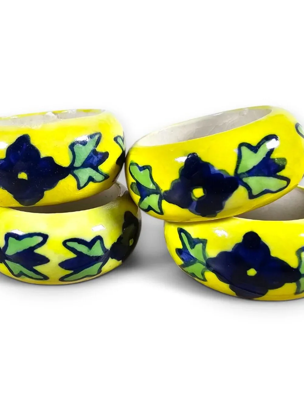 Pier 1 Napkin Rings Set of 4 Ceramic Yellow Blue Floral Boho Grandma *FLAWS